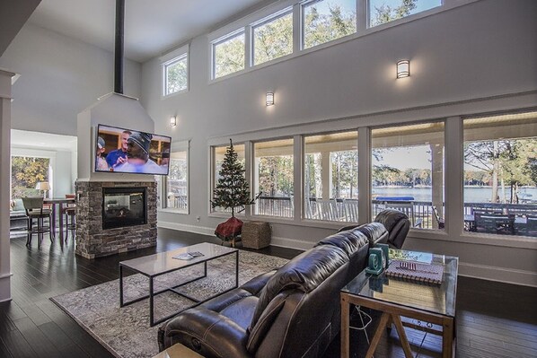Smart TV, fireplace, video games, DVD player
