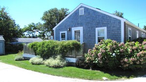 Une maison à deux étages, à l’extérieur bleu, avec un porche à l’avant et un jardin bien entretenu agrémenté de divers arbustes et de fleurs.