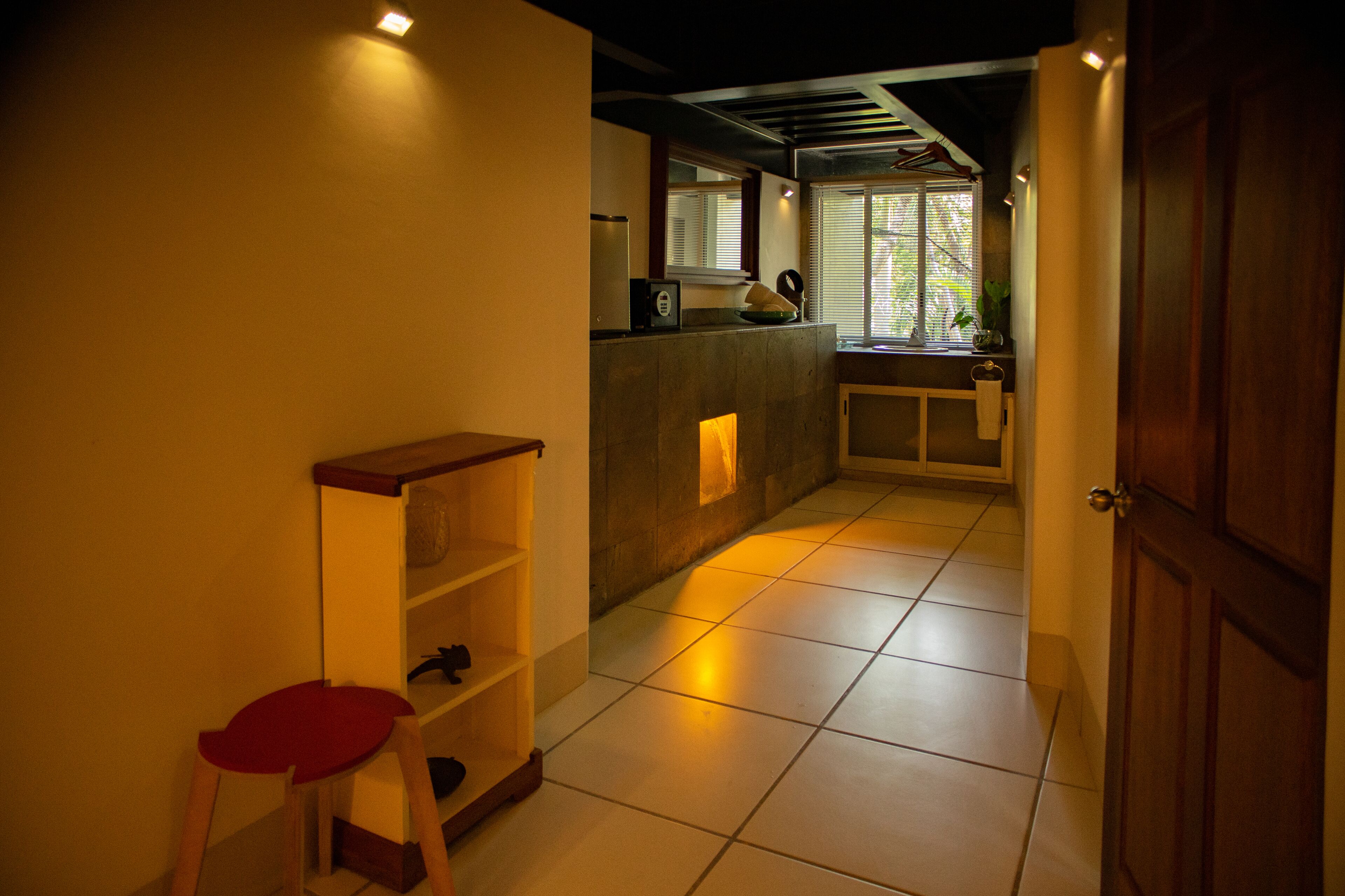 A narrow hallway with a wooden door on the right, a small table with a plant, and a shelf with shoes.