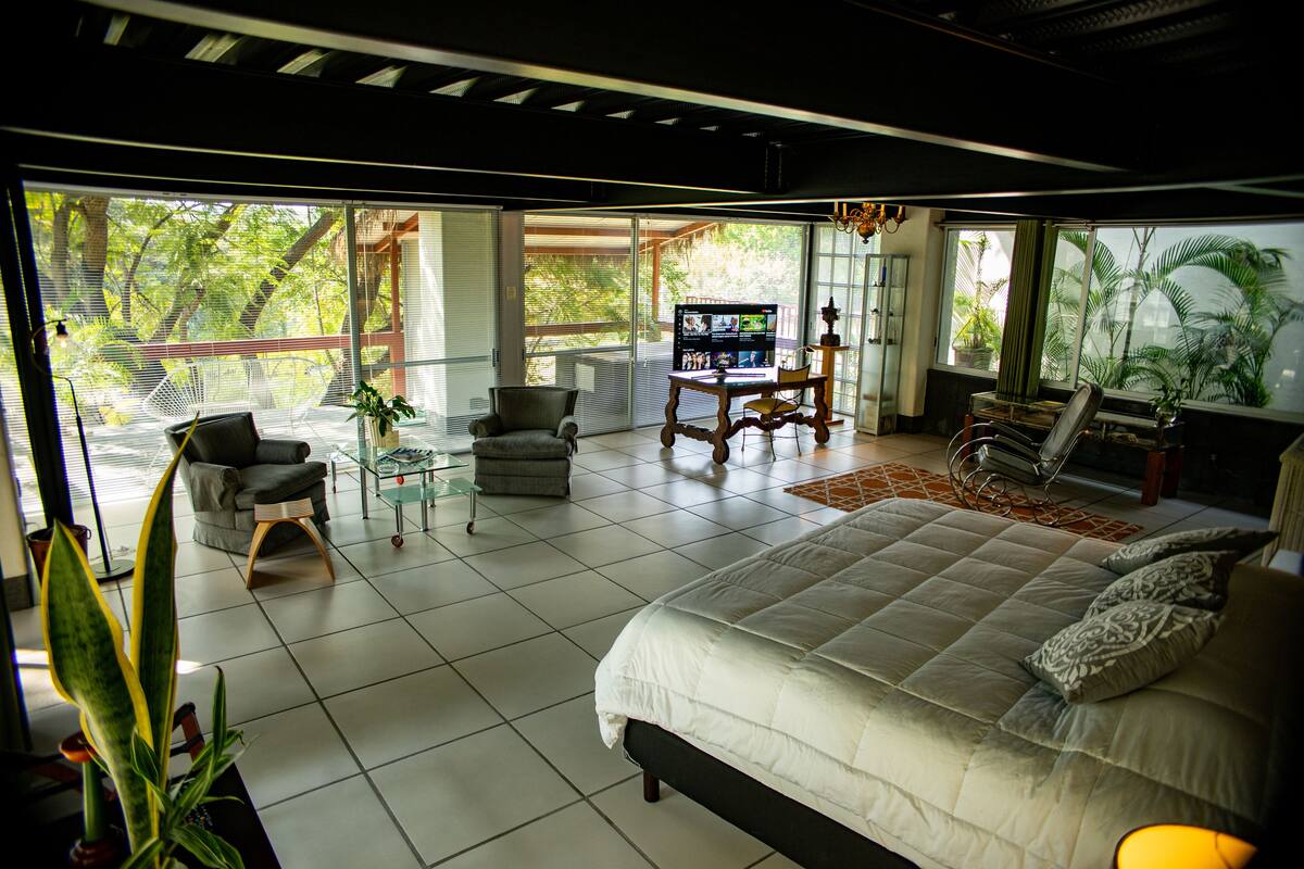 Un dormitorio amplio con una cama grande, televisión y vistas a árboles a través de amplias ventanas.