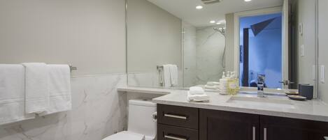 Combined shower/tub, hair dryer, towels, soap