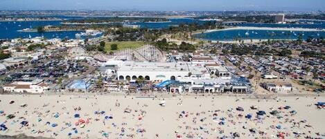 On the beach, sun loungers