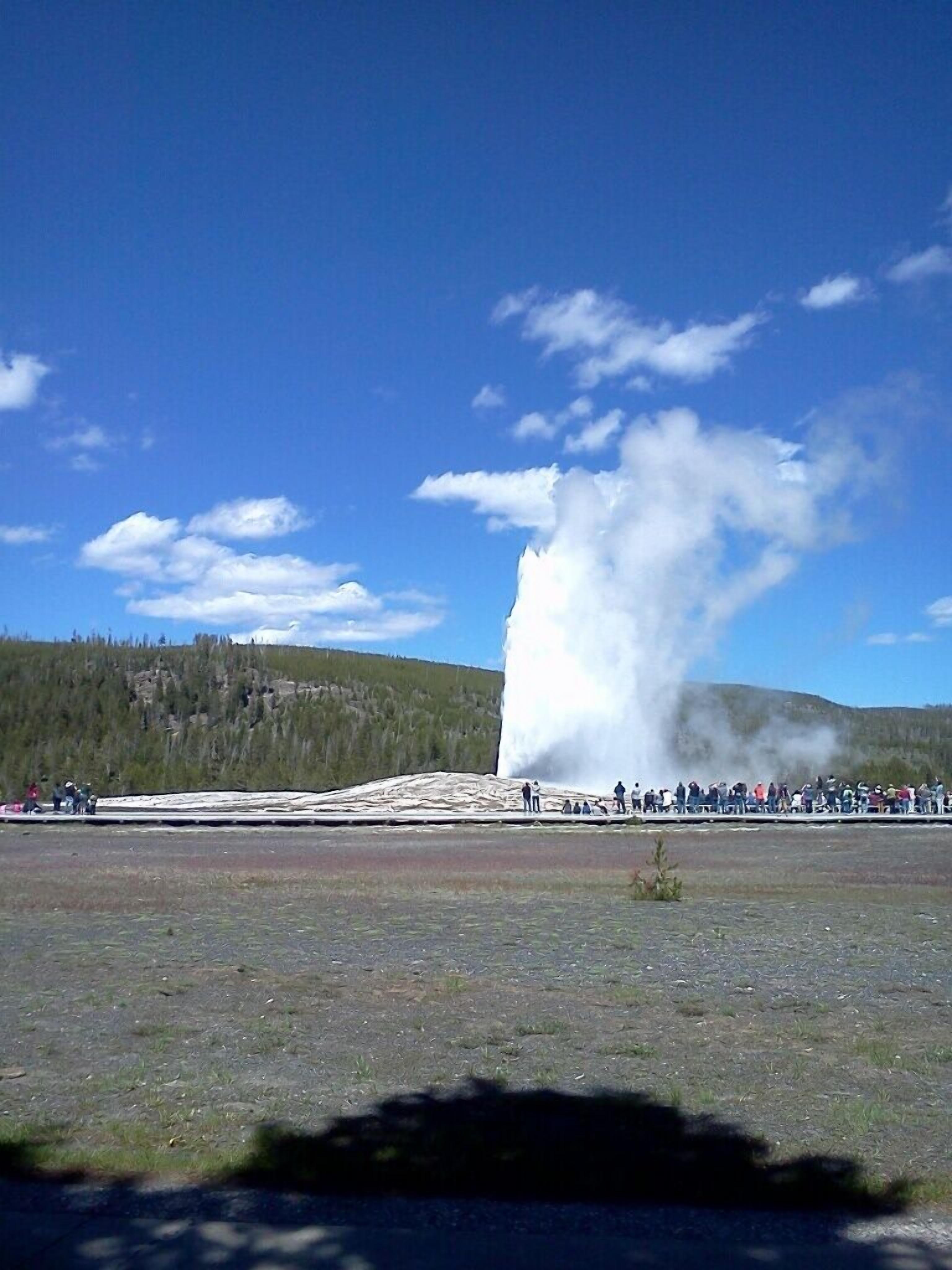 A geyser with a crowd of people observing it.