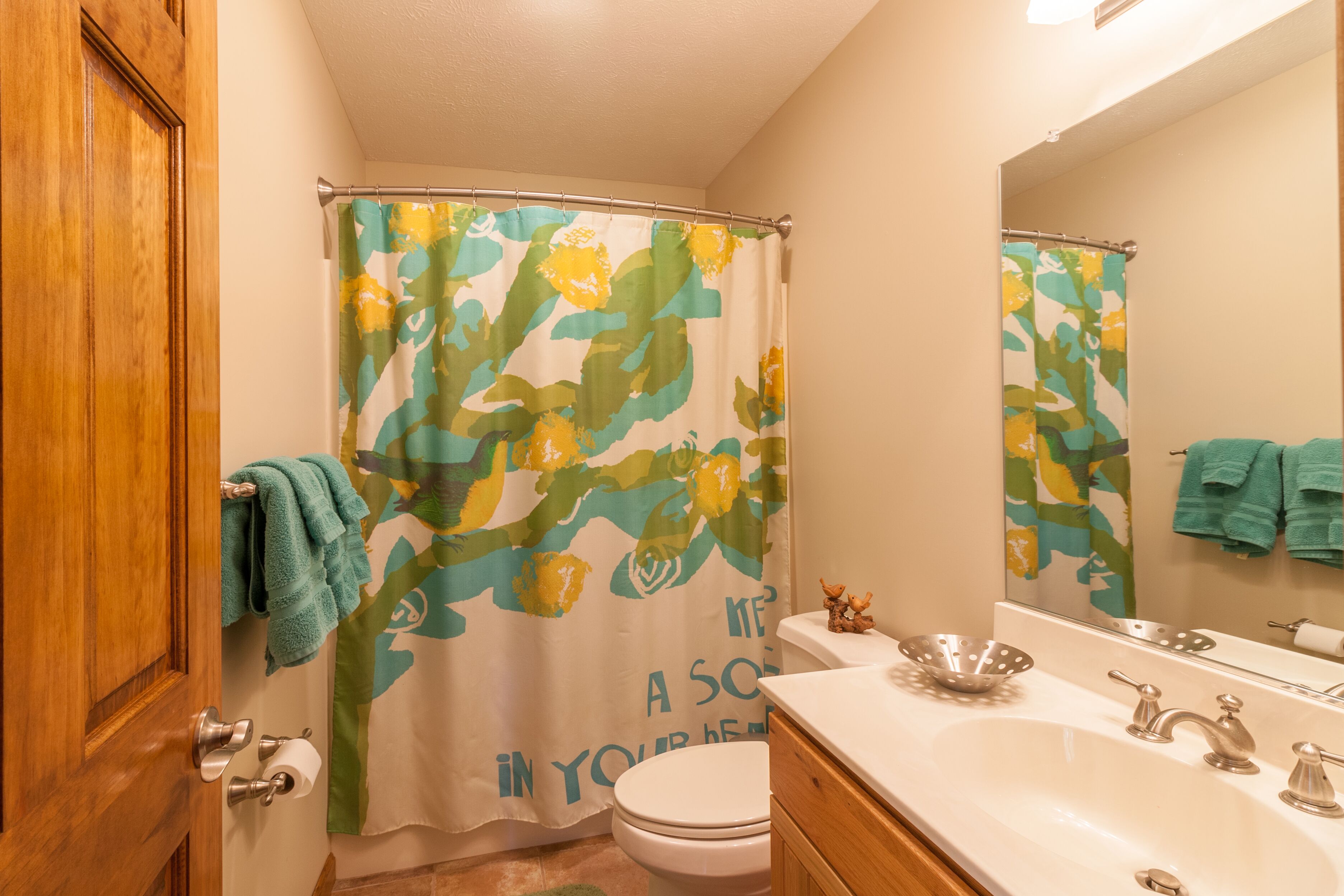 Combined shower/tub, hair dryer, towels, soap