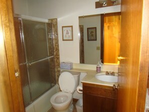 Une salle de bain équipée de toilettes, d’un lavabo et d’une douche.