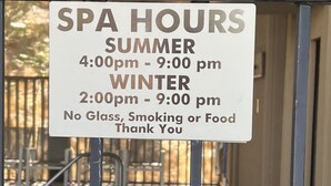 A sign indicating spa hours for summer and winter, with no glass, smoking, or food allowed. - 2 Bedroom,+Loft, 2 Bath Condo, Amazing Views For Miles Accommodates 6. (Mammoth Lakes)