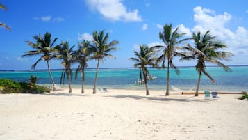 On the beach, sun-loungers, beach towels