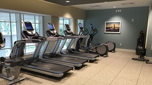 A gym with treadmills, elliptical machines, and a stationary bike. - Ocean View Villa with Amazing Resort Amenities -- just steps from the beach!!! (Hilton Head Island)