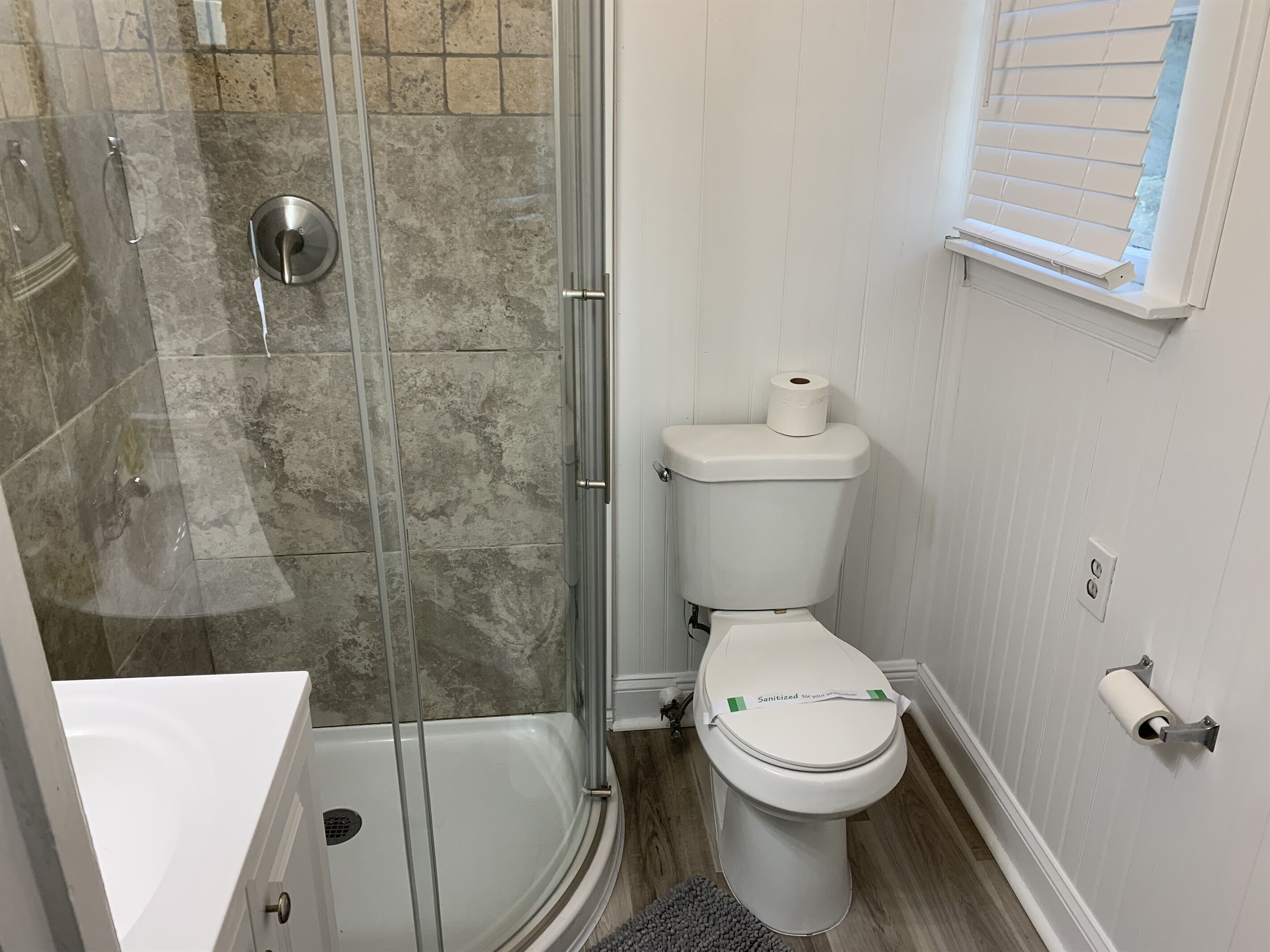 A bathroom with a glass-enclosed shower, a toilet, and a white sink.