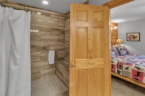 Combined shower/tub, hair dryer, towels, soap