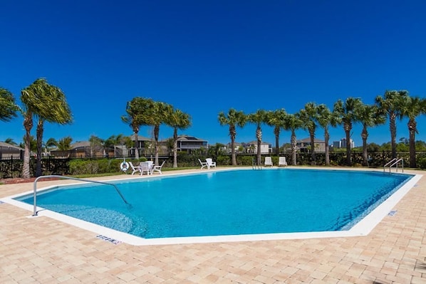 A rectangular swimming pool with clear blue water, surrounded by palm trees and white lounge chairs.