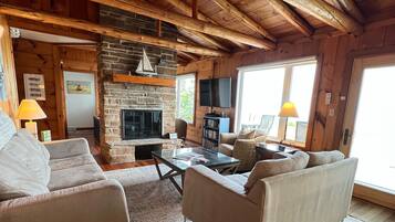 Smart TV, fireplace, books