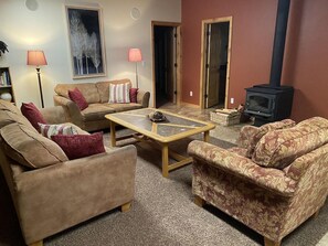 Smart TV, fireplace, DVD player, books