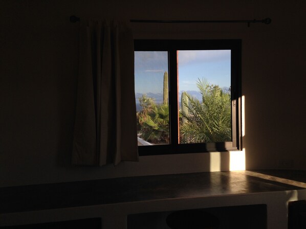 A room with a window overlooking a desert landscape, featuring cacti and palm trees.