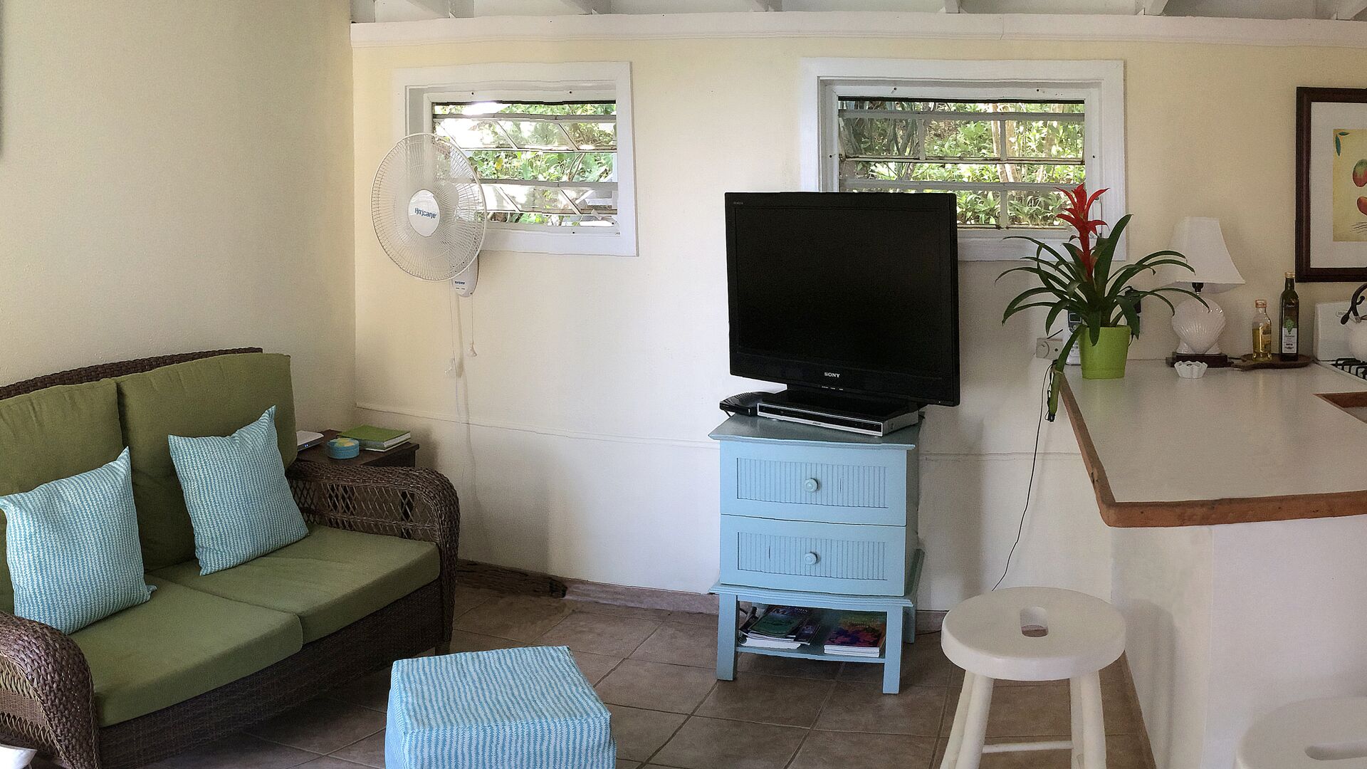 A living room with a green sofa, a blue cabinet, a flat-screen TV, a fan, and a small table with a plant.