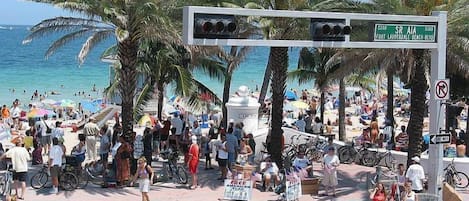 On the beach, sun-loungers, beach towels