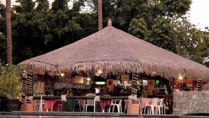 Un espace bar doté d’un toit de chaume, avec des sièges en plein air et une piscine en premier plan.