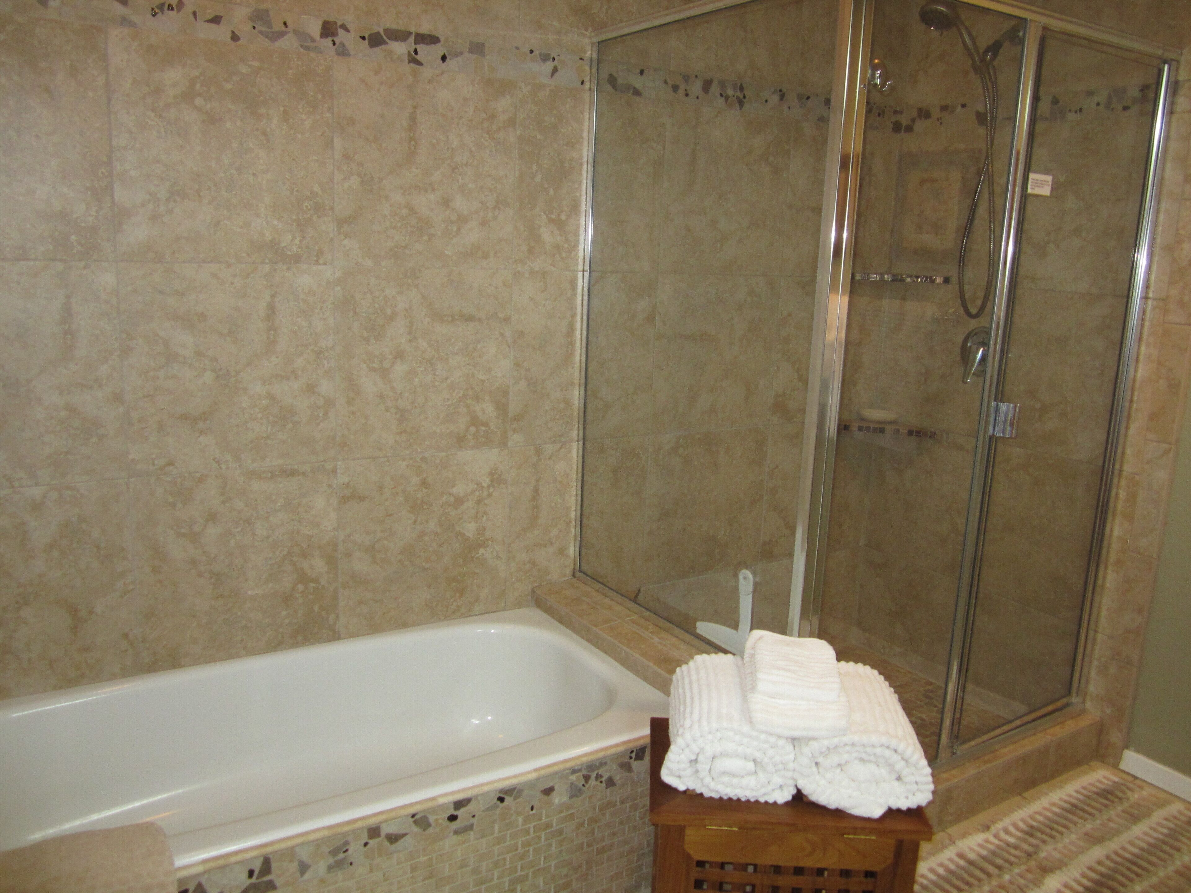 Combined shower/tub, hair dryer, towels, soap