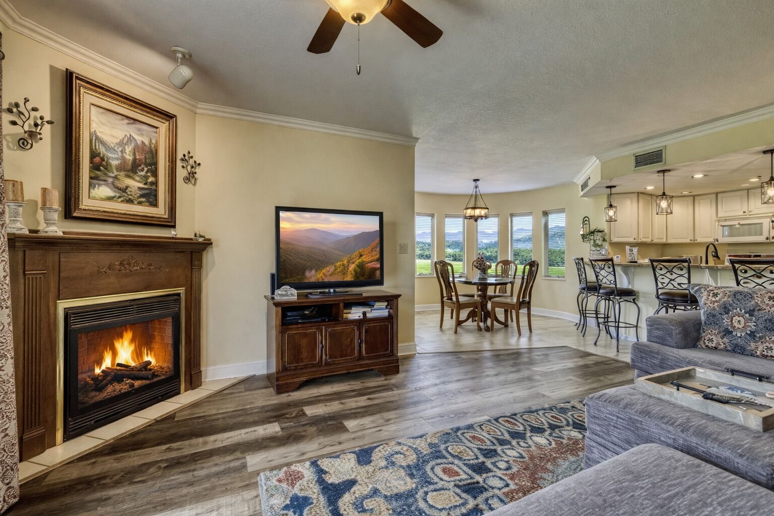 Flat-screen TV, fireplace, DVD player, video library