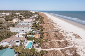 On the beach, sun loungers, beach towels