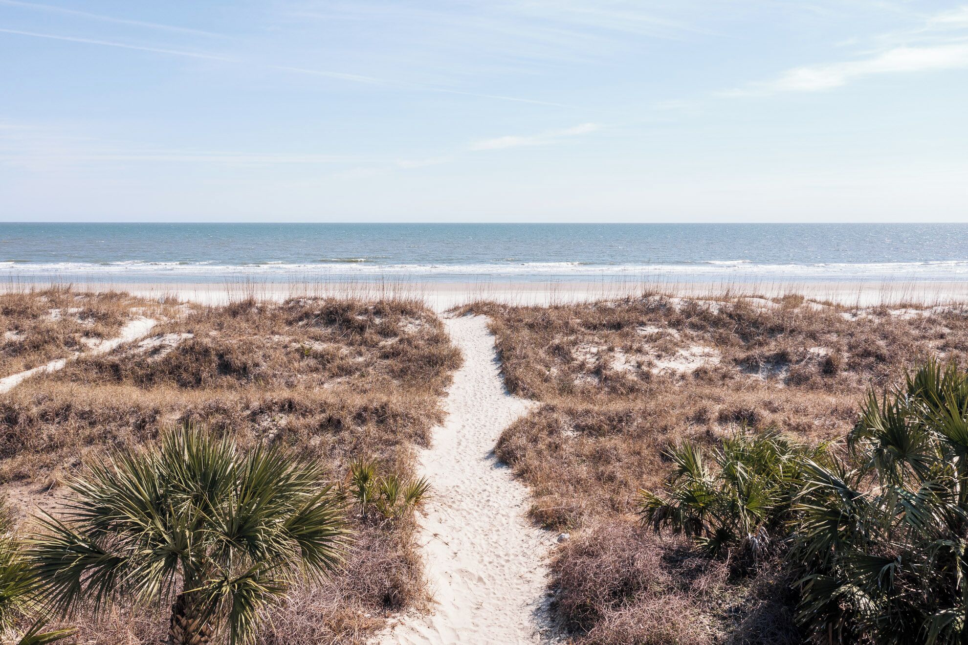Ein Strandweg, der zum Meer führt, mit spärlicher Vegetation und Palmen.