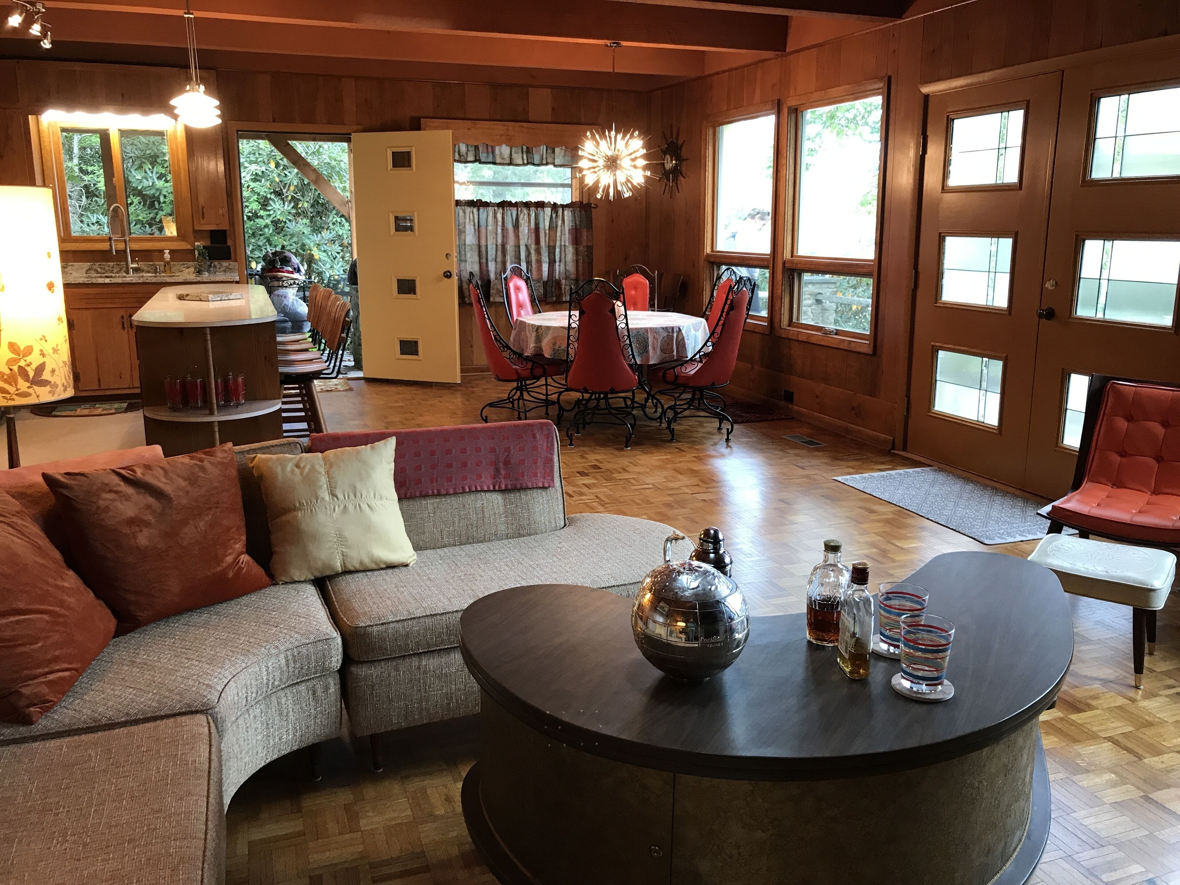 Open living space viewed from fireplace