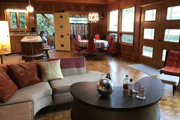 Open living space viewed from fireplace