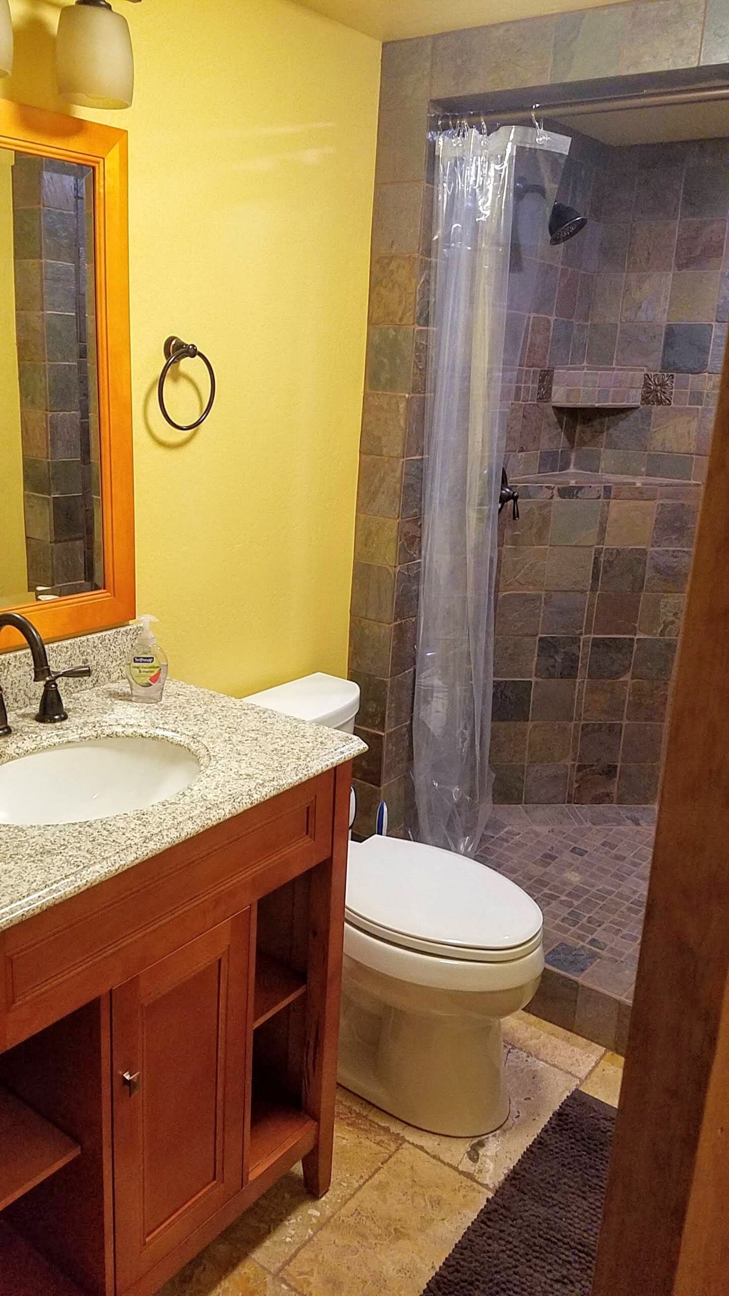 Ein Badezimmer mit Granitwaschtisch, zwei Waschbecken, Toilette und Dusche mit transparenter Duschvorhang.