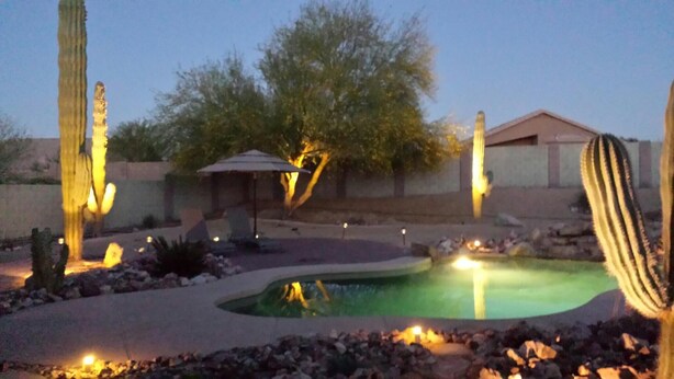 A desert landscape with a swimming pool, cacti, and a gazebo. - Estrella's NASCAR HOT SPOT! FALL GOLF GETAWAY! HOLIDAY PLAY! (Goodyear)
