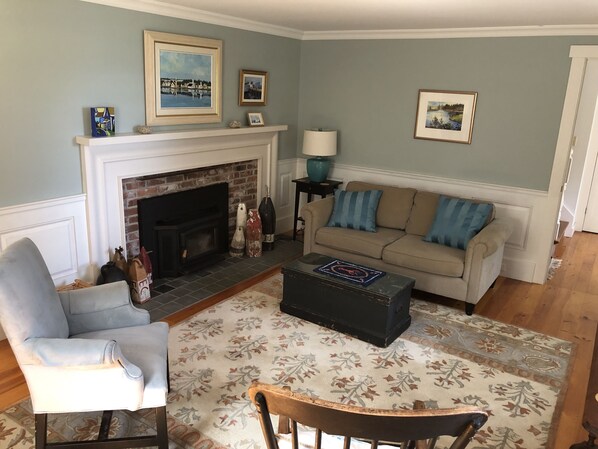 TV, fireplace, books