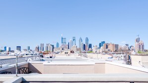 A city skyline with modern skyscrapers and a clear blue sky.