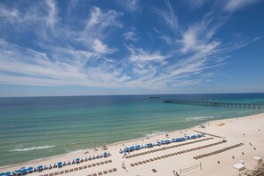 On the beach, sun loungers
