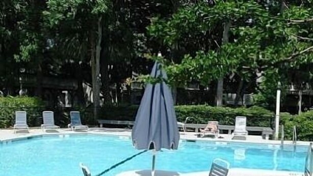 A swimming pool with lounge chairs and umbrellas. - 3BR 2.5 BA, short walk or 5 min bike to beach w/ cart, chairs, pools, sm. dog (Hilton Head Island)