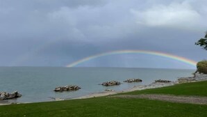 Paesaggio costiero con un arcobaleno visibile sul mare, affioramenti rocciosi e una zona erbosa.