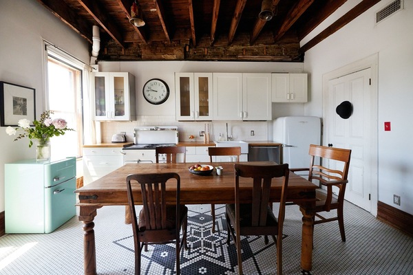 Sunny kitchen with restored vintage appliances