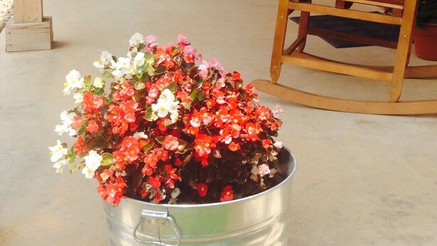 Un porche cubierto con un banco de madera, una silla acolchada y una maceta de metal con flores.