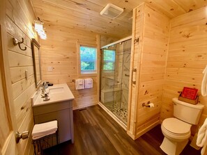 Combined shower/bathtub, hair dryer, towels