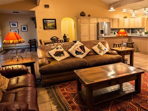 Smart TV, fireplace, books, music library