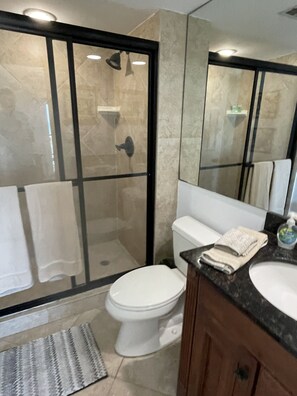 Hair dryer, towels, soap, toilet paper
