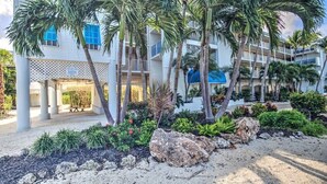 A hotel with a covered outdoor area, palm trees, and a sandy ground. - BLUE / GREEN PARADISE WITH A PRIVATE BEACH!!! (Tavernier)