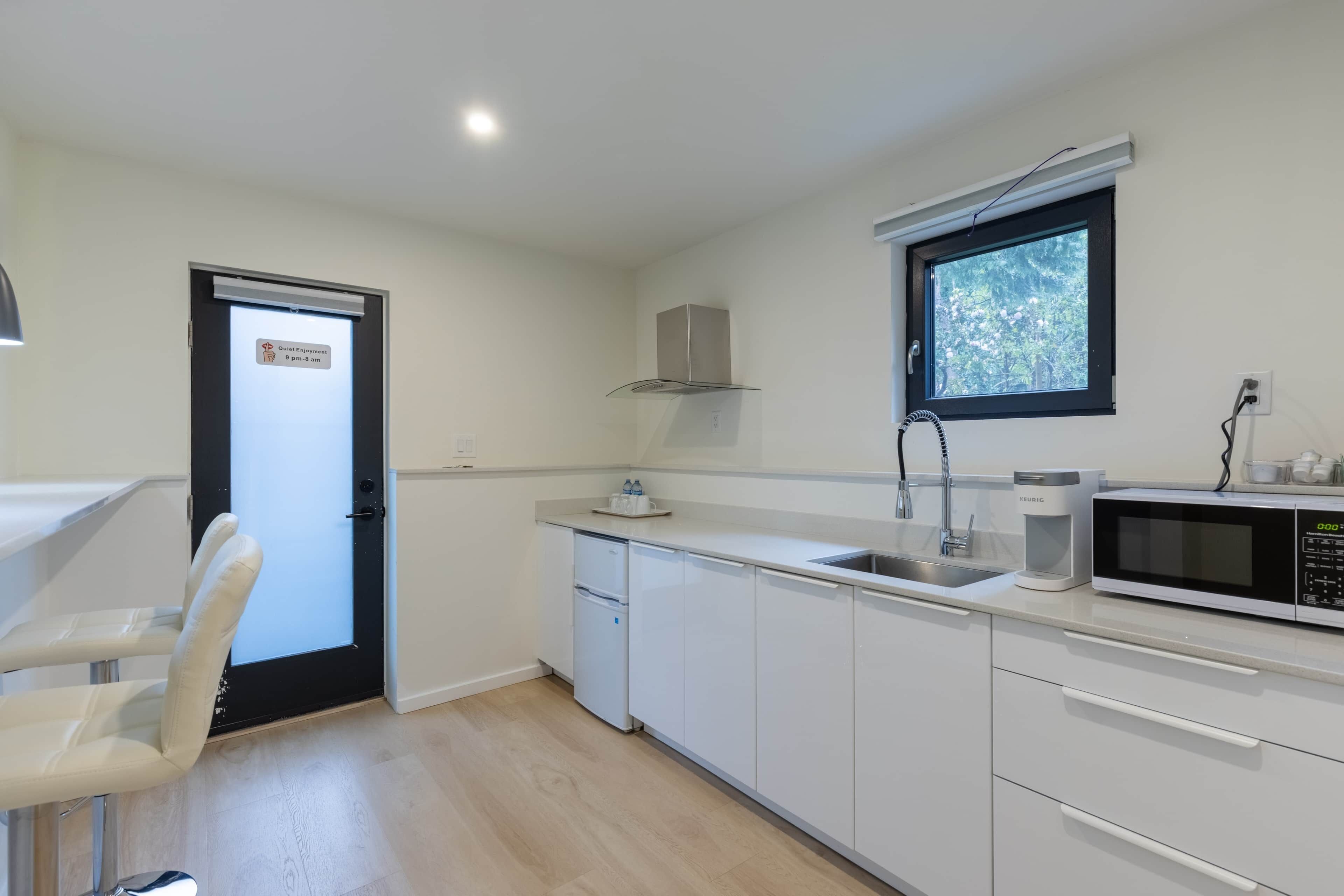 Fridge, microwave, coffee/tea maker