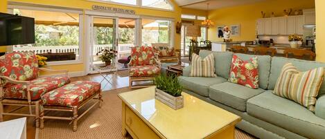 Smart TV, fireplace, DVD player, books