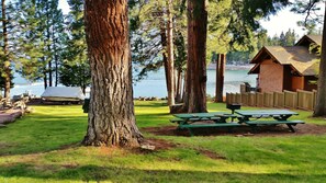 Outdoor dining - Lakeside Cabin, Cozy Family Pet-Friendly, Beautiful Views, Free Dock & Boat Slip (Lake Almanor)
