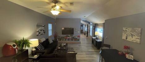 Smart TV, fireplace, DVD player, books