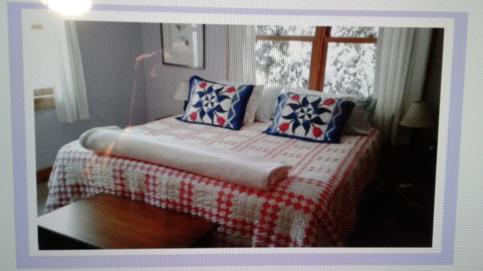 A bed with a red and white checkered bedspread and two pillows with blue and red floral patterns.