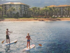 On the beach, sun-loungers, beach towels