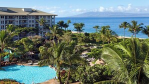 Un hôtel doté d’une piscine, de palmiers et offrant une vue sur l’océan.