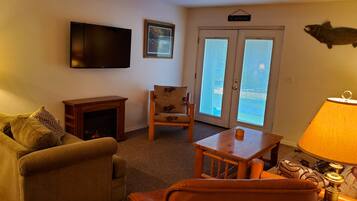 Smart TV, fireplace, DVD player, books