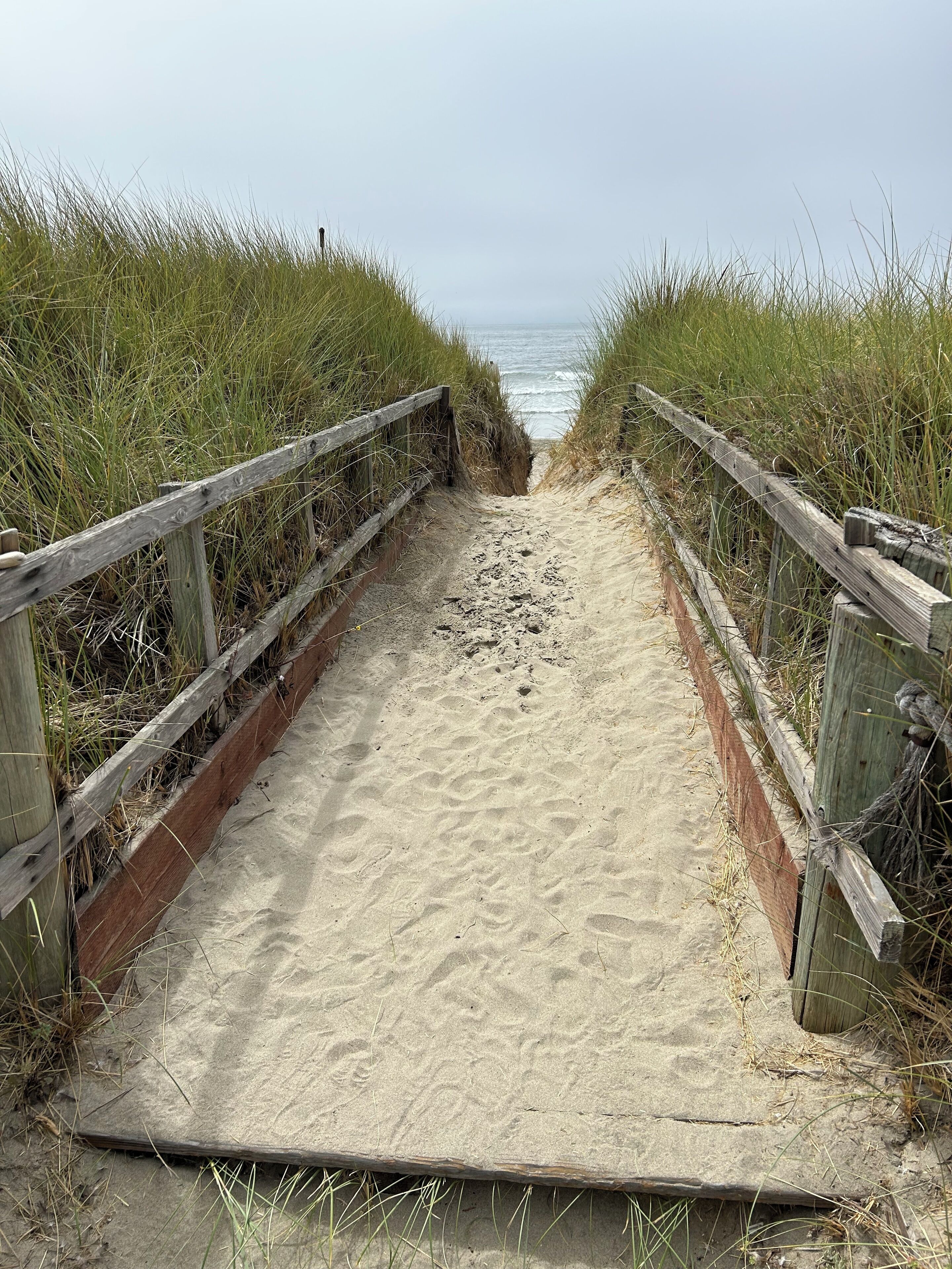 A sandy pathway leading to the beach, flanked by wooden railings and grass.