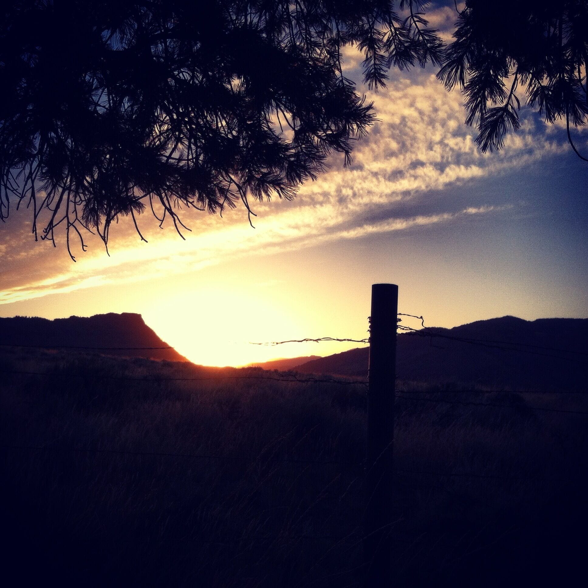 A sunset with a barbed wire fence in a rural landscape.